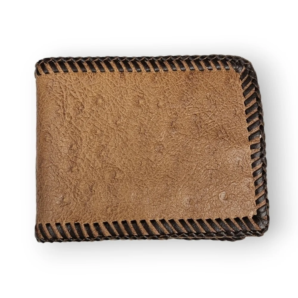 Vintage Ostrich Leather Bifold Wallet Brown Laced Edges Mens Unisex 70s 4.75